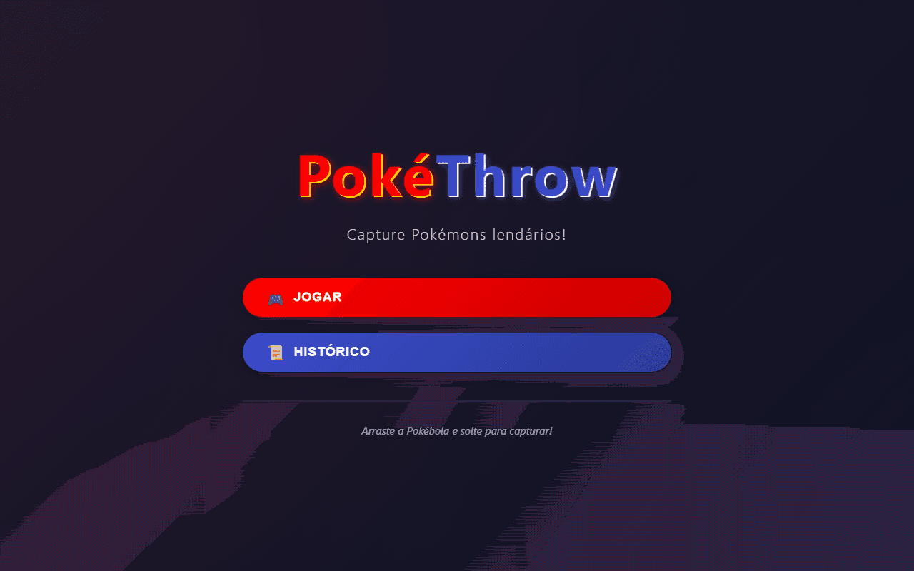 Tela inicial do PokéThrow, com o título do jogo e os botões Jogar e Histórico